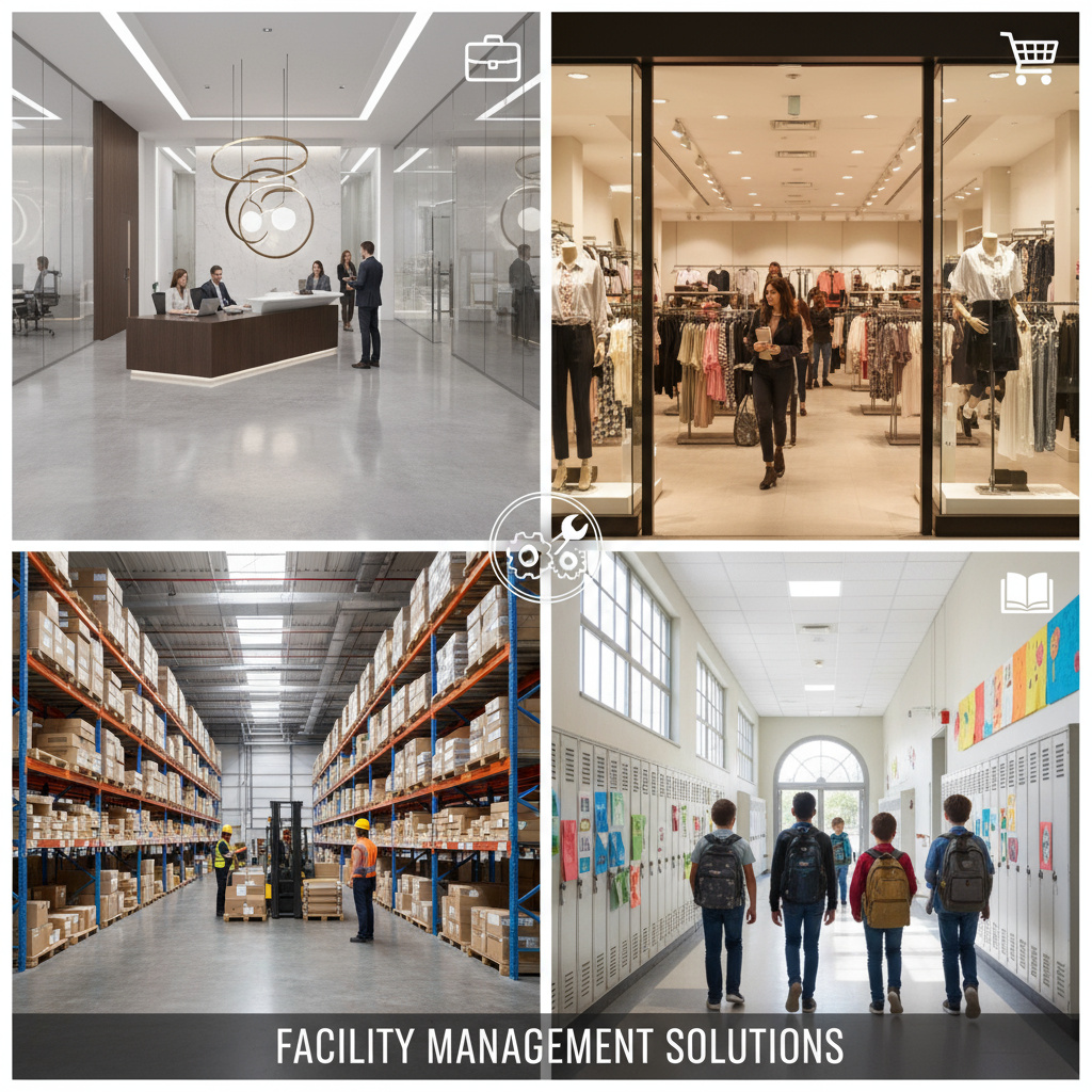 Collage aus Büro, Retail, Lager und Schule